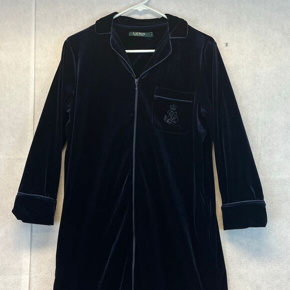 LAUREN RALPH LAUREN Robe Women's Small Blue Velvet Long Full Zip Collared Caftan - Picture 2 of 13